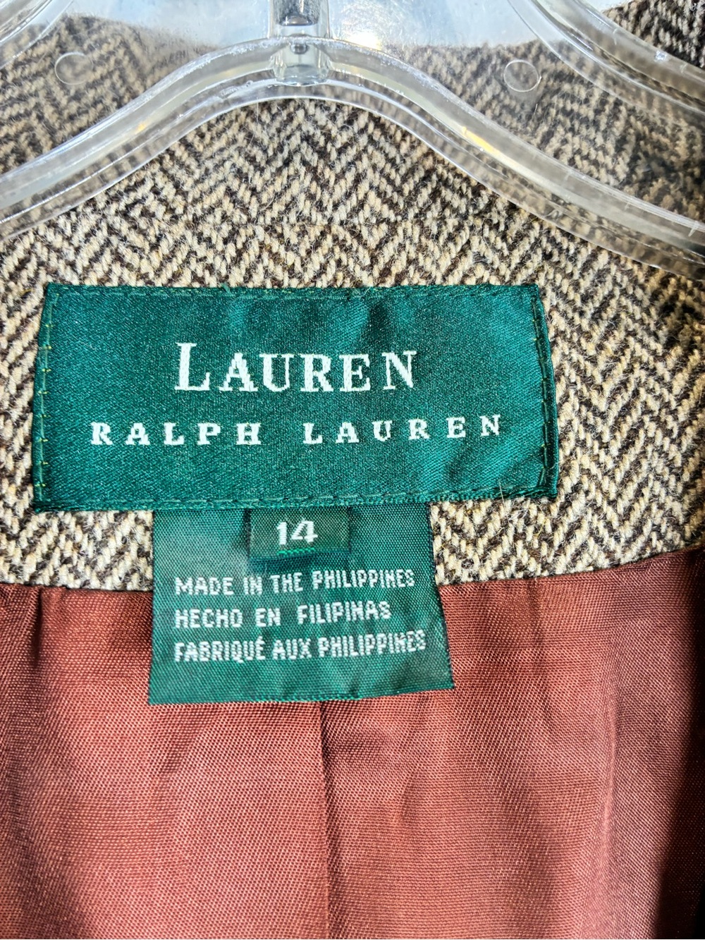 Ralph Lauren Brown Herringbone Wool Blend Riding Jacket, Size 14 - Picture 5 of 8